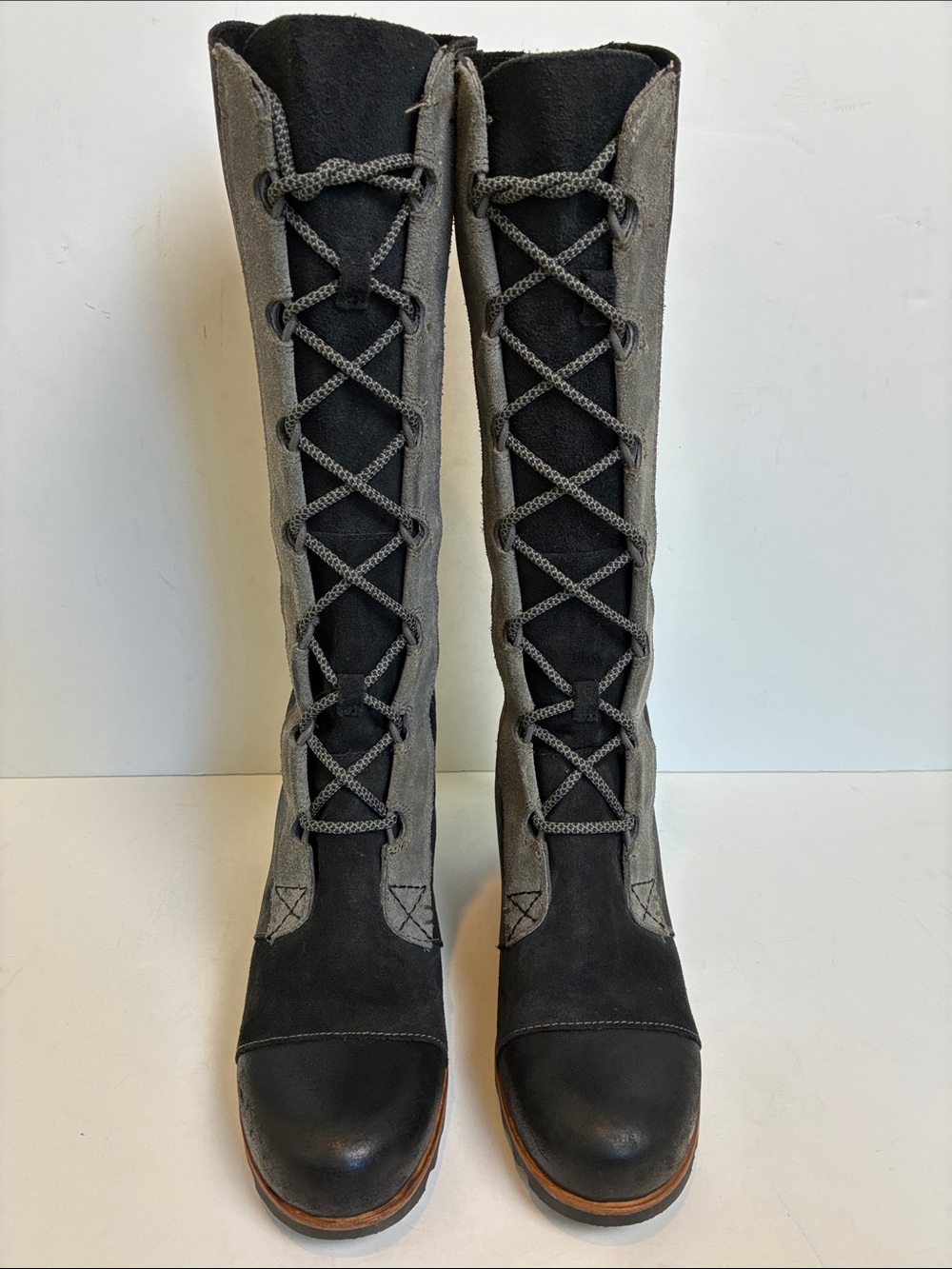 Sorel Cate the Great Wedge Lace Up Moto Rare Black Grey Gray Knee High Boots 9 - Picture 11 of 16